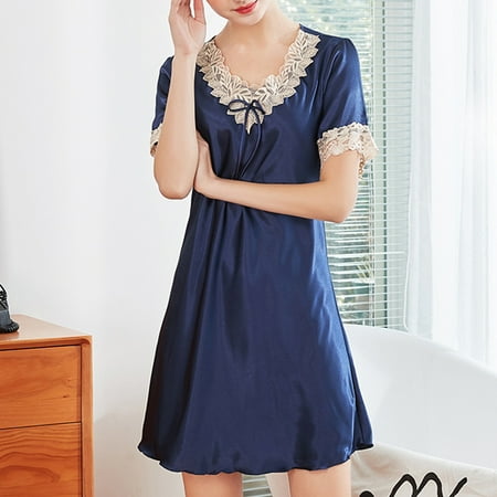 

Summer Nightgown for Womens Ice Silks Lace V-Neck Short Sleeve Nightdress