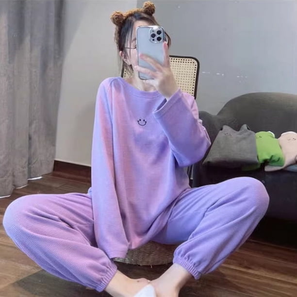 Pijama de mujer con estampado de gofres de primavera y otoño e invierno con cara sonriente, traje deportivo de verano de manga larga, ropa de casa