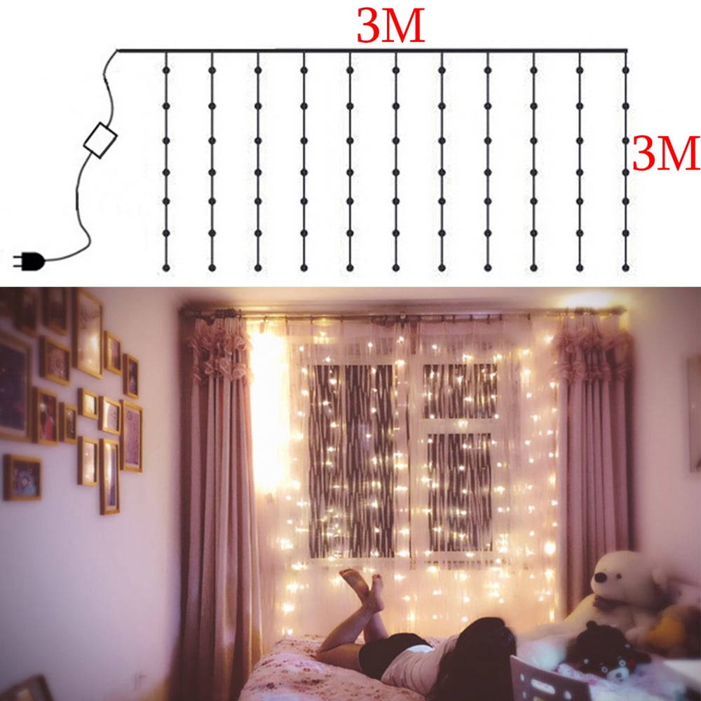 3M x 3M 300-LED Warm White Curtain String Lights for Bedroom, Starry Christmas String Light for Dorm, Romantic Christmas Outdoor String Light Indoor Decoration for Wedding, Party, Living Room, Bedroom