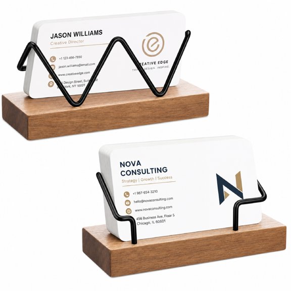 Wooden Business Card Holder for Desk, 2 Pack Light Wood Card Display Stand, Office Home Organizer