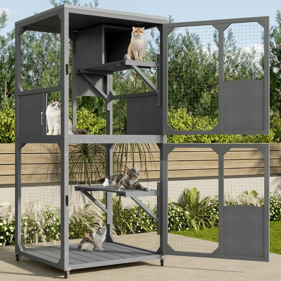imerelez Catio Outdoor Cat Enclosure Window Access, 4 Tiers Cat House with Wheels, Resting Box & Waterproof Roof, Indoor Large Cat House Cage, Gray