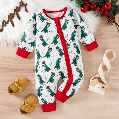

Boys Girls Long Sleeve Christmas Cartoon Dinosaur Prints Romper Jumpsuit Green 70