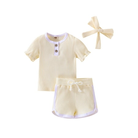 

TheFound Baby Girl Summer Clothes Infant Rib Knit Shorts Set Solid T Shirt Top Drawstring Shorts Toddler Summer Outfits