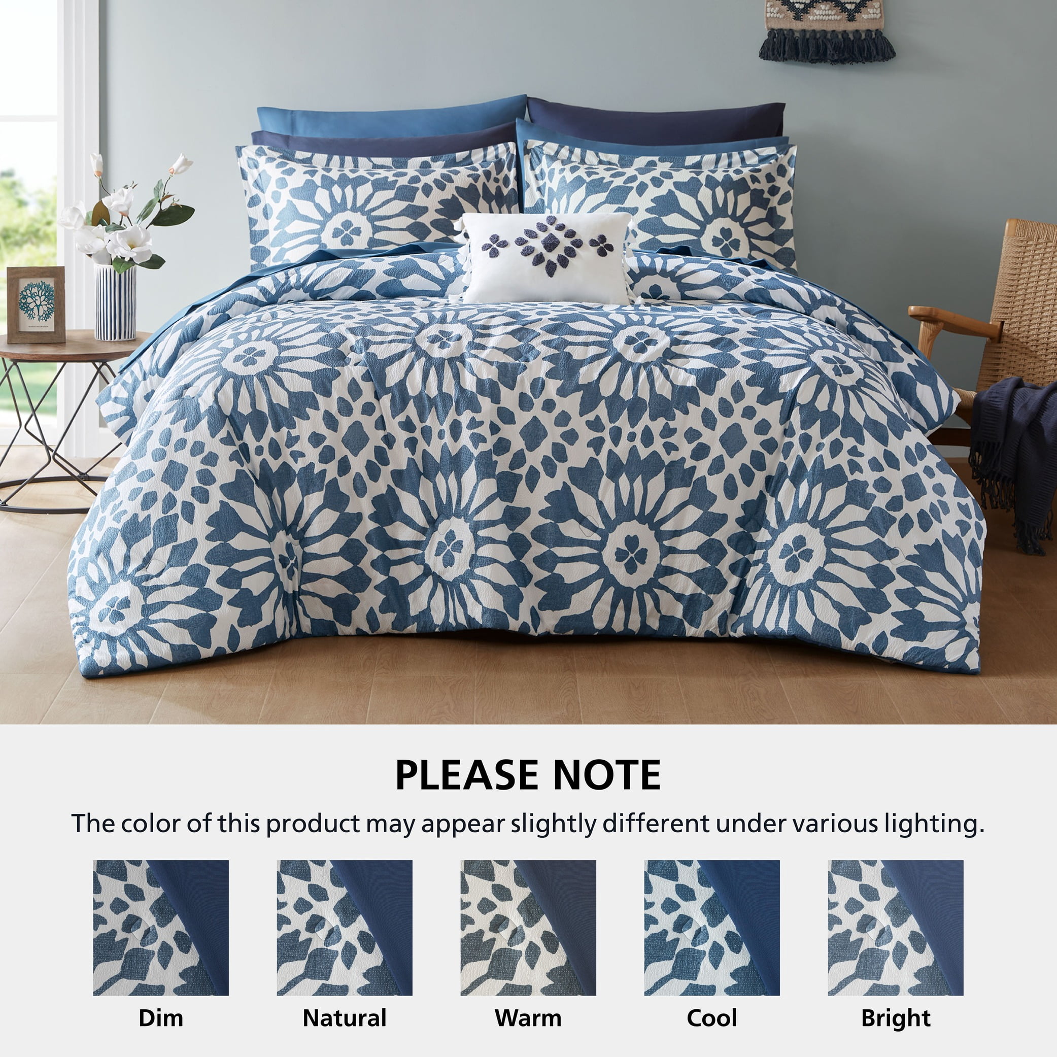 Mainstays All in One Reversible Comforter and Sheet set- 11 Piece, King, Indigo Tile Print