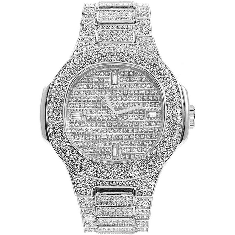 Silver Plated Iced Hip Hop Jewelry Sets: Men's Watch, Cuban