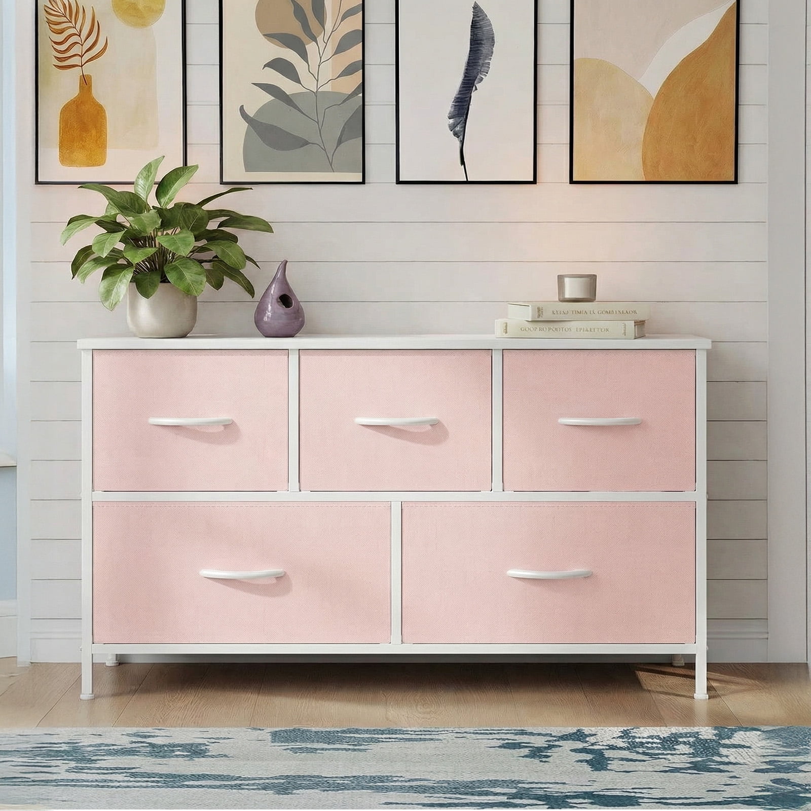 edx 5 Drawers Fabric Dresser for Bedroom, Drawer Organizer Storage Cabinet for Closet, Clothes, TV Stand, Pink