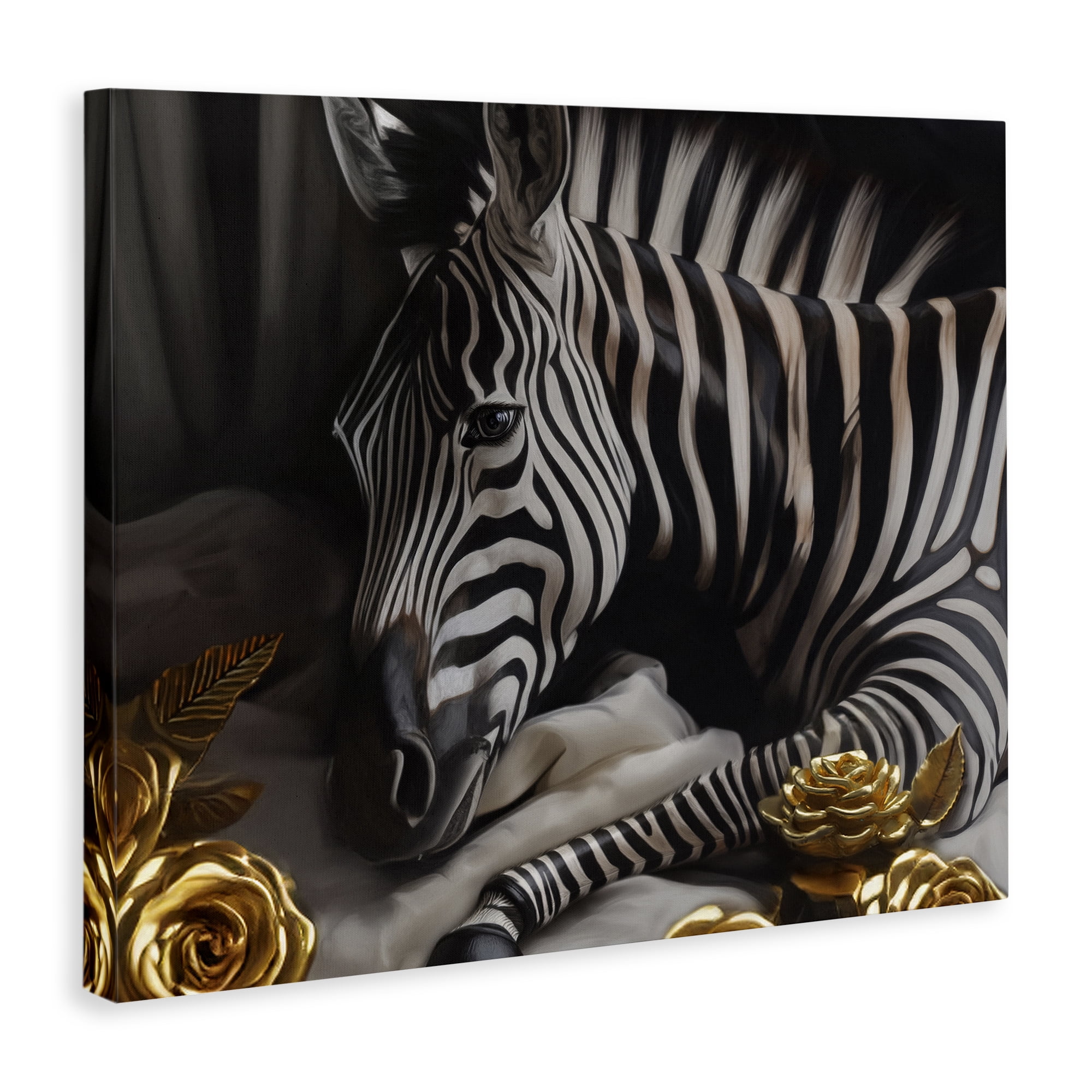 Stupell Industries Zebra with Gold Flowers Animals Painting Wrapped Canvas Art Print Wall Art, 20 x 16