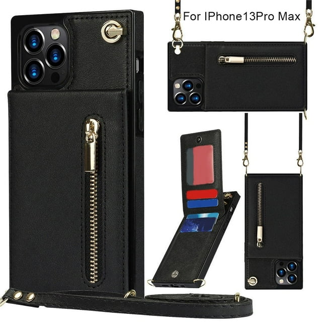 Wallet Case for PU Zipper Wallet Smartphone Case with Card Holder & Shoulder Strap
