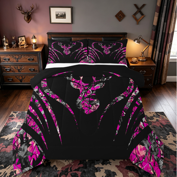 Manfei Wild Deer Silhouette Bedding Comforter Set,Jungle Animal Twin Comforter Sets,Pink Black Bedding Set For Boys Girls,Breathable Home Decor Reversible,2-Piece