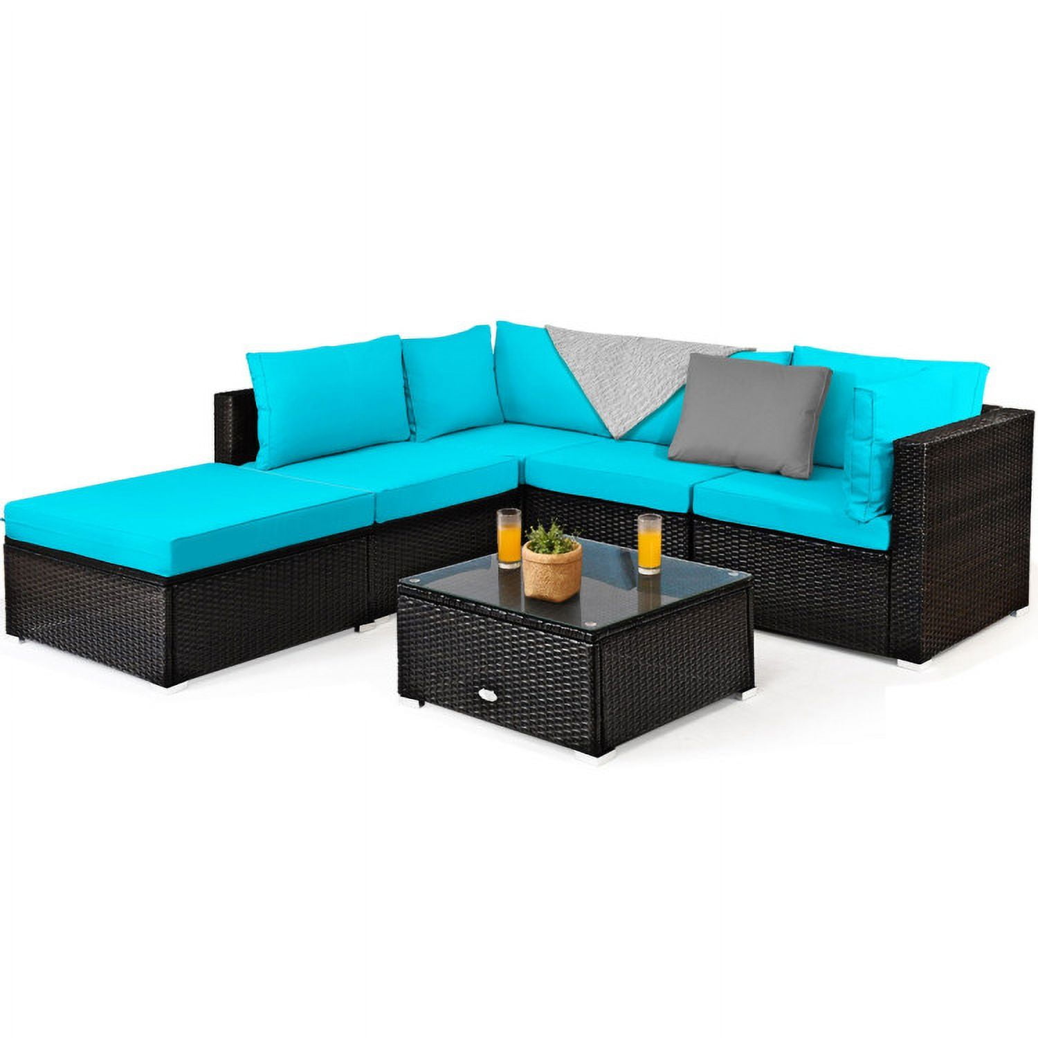 Aimee Lii 6 Pieces Outdoor Patio Rattan Furniture Set Sofa Ottoman, Outdoor Deck Furniture, Turquoise