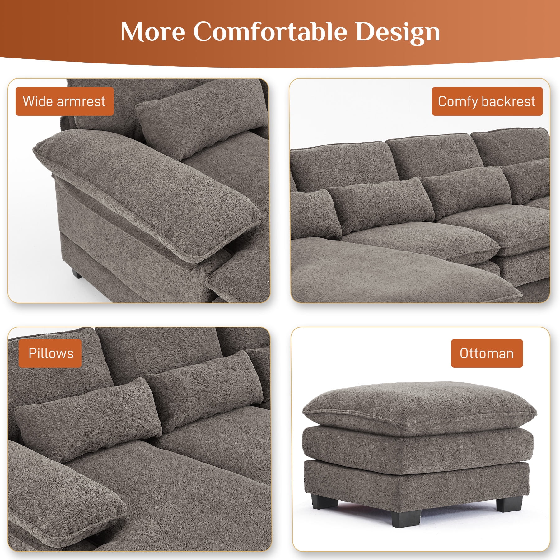 Wiilayok 113" U Shaped Sectional Sofa with Chaise Lounge and Ottoman,Chenille Modular Sectional Sofa Couch for Living Room,Cloud Grey