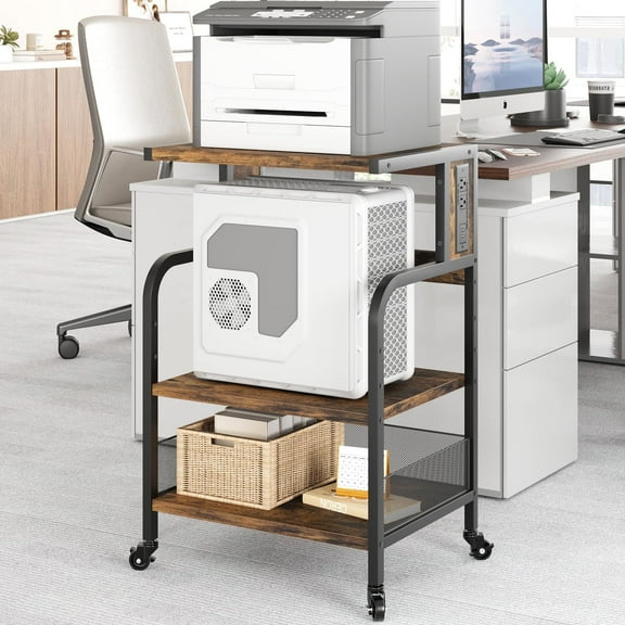 Printer Stand with Charging Station, Large Printer Table with Adjustable Storage Shelf, 3 Tier Office Rolling Printer Stand with Wheels for Home Office, Fax Machines, Scanners, Rustic Brown