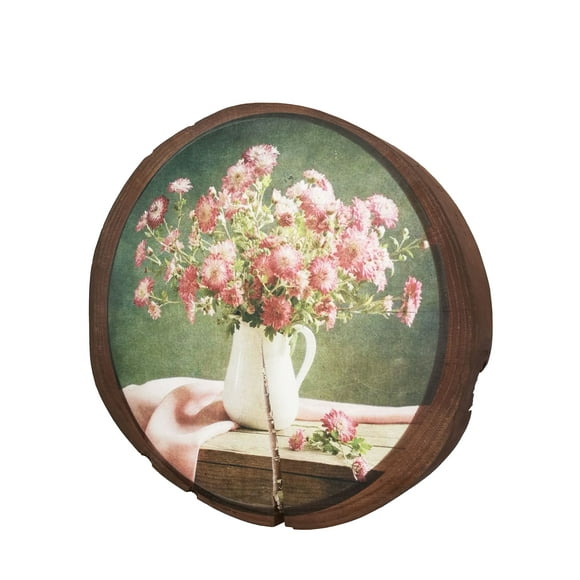 FixtureDisplays® Wall Art Wood tree slice trunk art wall picture flower in pitcher vase painting 21467-4