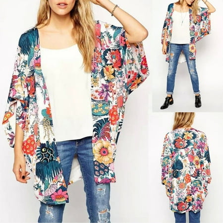 - Women Floral Print Beach Shawl Kimono Cardigan Boho Chiffon Tops Jacket Blouse