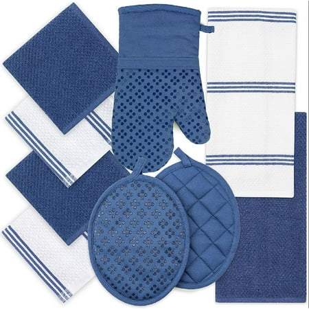 

Oven Mitt & Pot Holders Oeko-Tex Certified Cotton Terry Kitchen Dish Towels & Dishcloths Non-Slip Silicone Surface Dark Blue 9 Piece Set