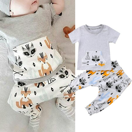 Wild Animals Print Baby Clothes Set Newborn Infant Toddler Boy Short Sleeve T-shirt Top Tee+Long Pants Outfits