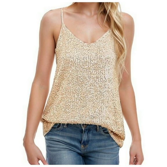 HNMKIU Women's Fashionable Loose Fit Sequin V-Neck Sleeveless Casual Top for Daily Wear Gold,M