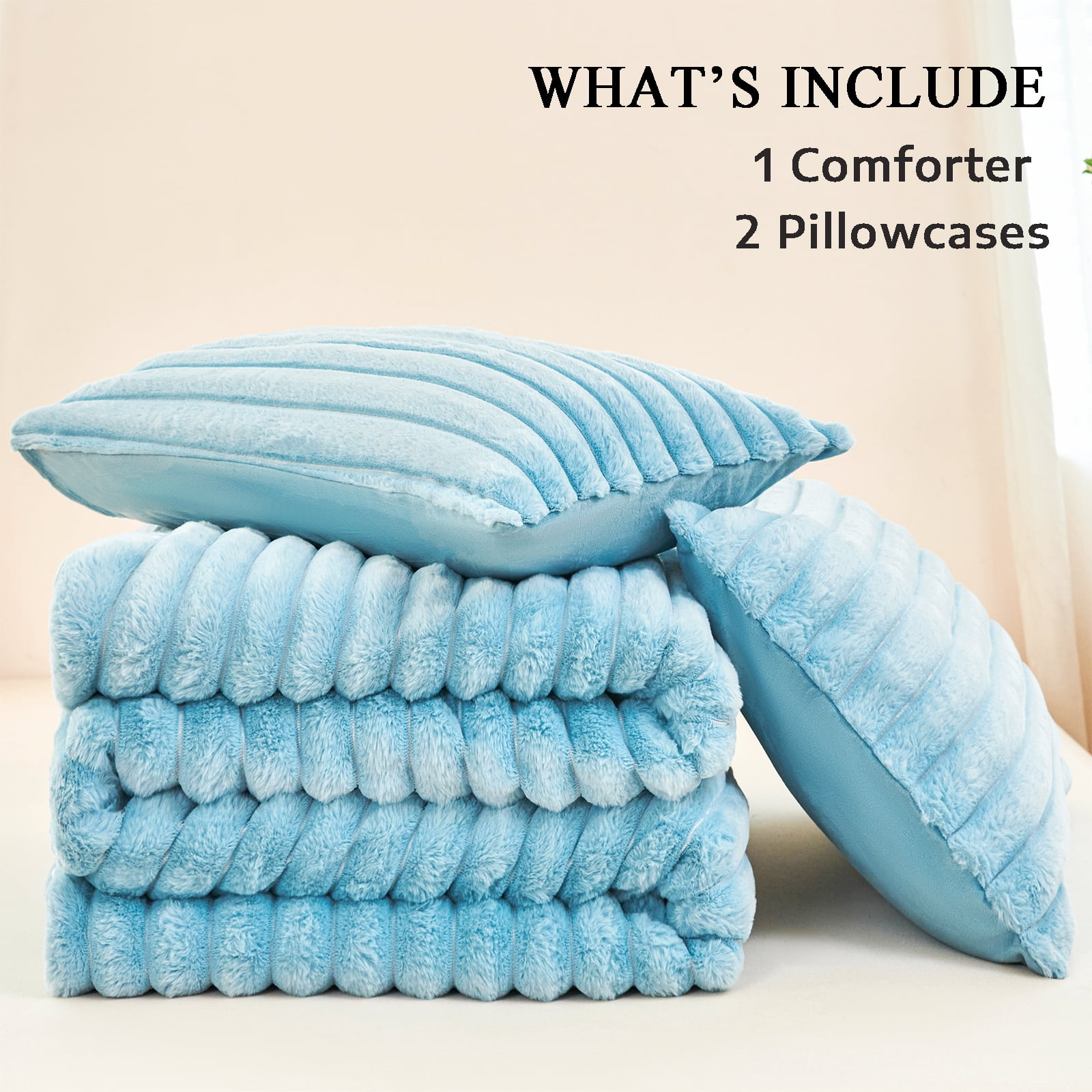 ZRNBAST Luxury Fluffy Fuzzy Queen Comforter Set 3 Pieces Light Blue Plush Fleece Comforter Bedding Set Heavy Faux Fur Comforter with 2 Pillowcases(Light Blue,Queen)