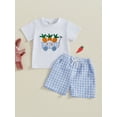 thumbnail image 3 of Baby Boy Easter Outfit 6 12 18 24 Months 2T 3T 4T Toddler Kids Boys Summer Clothes Carrot Cart Embroidery Short Sleeve T-shirt Plaid Elastic Waist Shorts 2 Pcs Set, 3 of 9