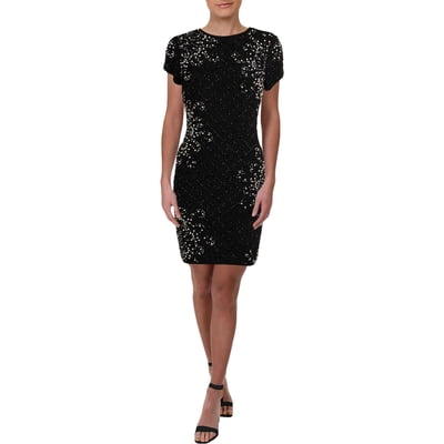 beaded t shirt dress Black Sequin Crew Neck T-shirt Dress – fringe co main image 1