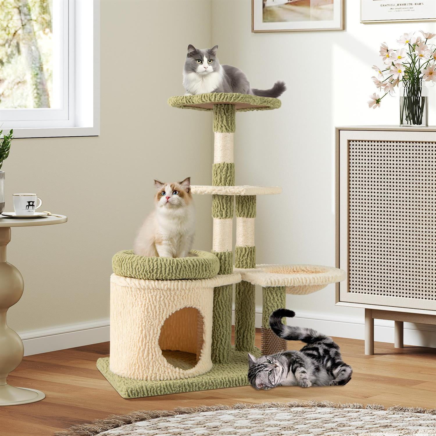 Pefilos 38" Tall Multi-Level Kitten Tower, Condo & Green Padded Bed, Hammock & Sisal Scratching Posts, Green