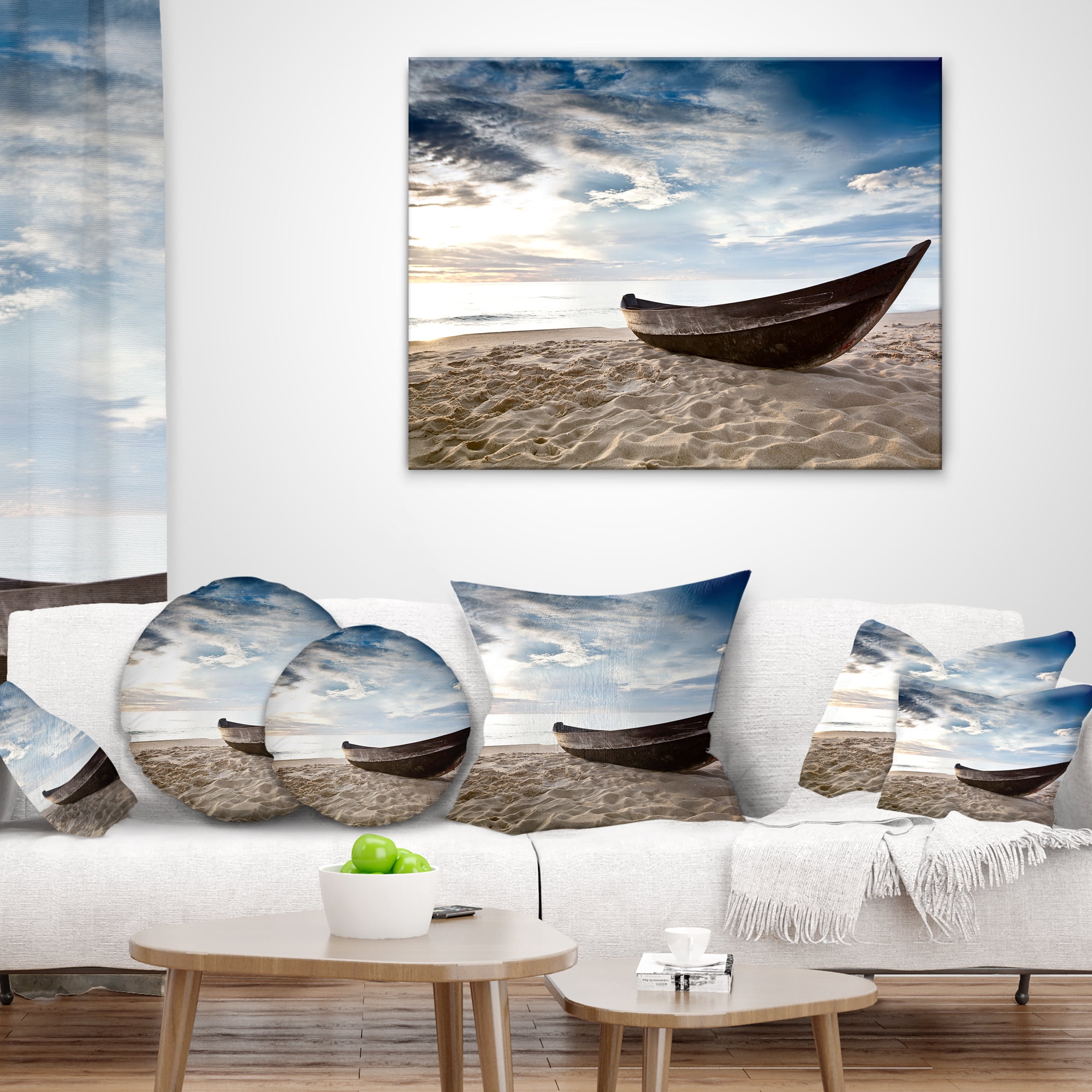 Designart Old Fisherman Boat - Seashore Photography Throw Pillow - 12x20