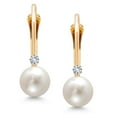 thumbnail image 3 of Gem Stone King 14K Yellow Gold Round White Cultured Freshwater Pearl and Round White Created Sapphire Leverback Drop Dangle Earrings for Women (Pearl: 5.5MM, Sapphire: 1.5MM), 3 of 5