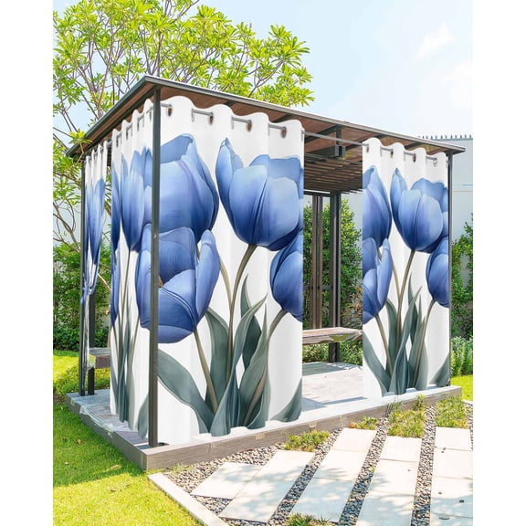 nqOlkjepod Outdoor Curtains for Patio Waterproof, Blue Blossoming Tulip Outdoor Privacy Panels Grommet, Vintage Spring Floral Botanical Blackout Outside Curtains for Porch/Cabana 54"x84", 2 Panels