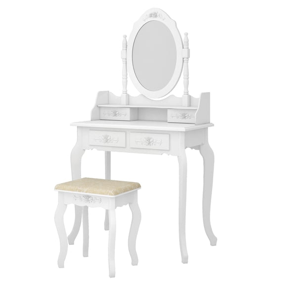 IVV Modern Vanity Table with 4 Drawers, 360° Rotating Removable Mirror, and Padded Stool, White Makeup Desk with Storage for Bedroom