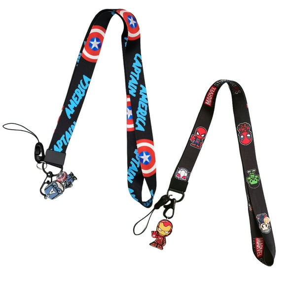 2Pcs Iron Man and Captain America Cartoon Badge Keychain Lanyard ,ID Badge Holder, Cell Phone and Charms Neck Strap.