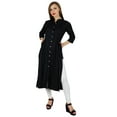 thumbnail image 3 of Bimba Women Button Down Black Rayon Kurta Kurti Formal Tunic Blouse 3/4 Sleeve, 3 of 7