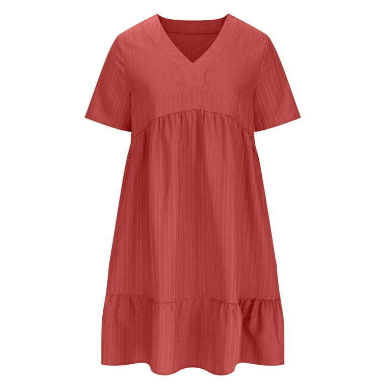 Odbmxy Short Sleeve Women Summer Dresses Mini Dress Women Elegant Loose Vacation Peplum Solid Color Dresses,Red M