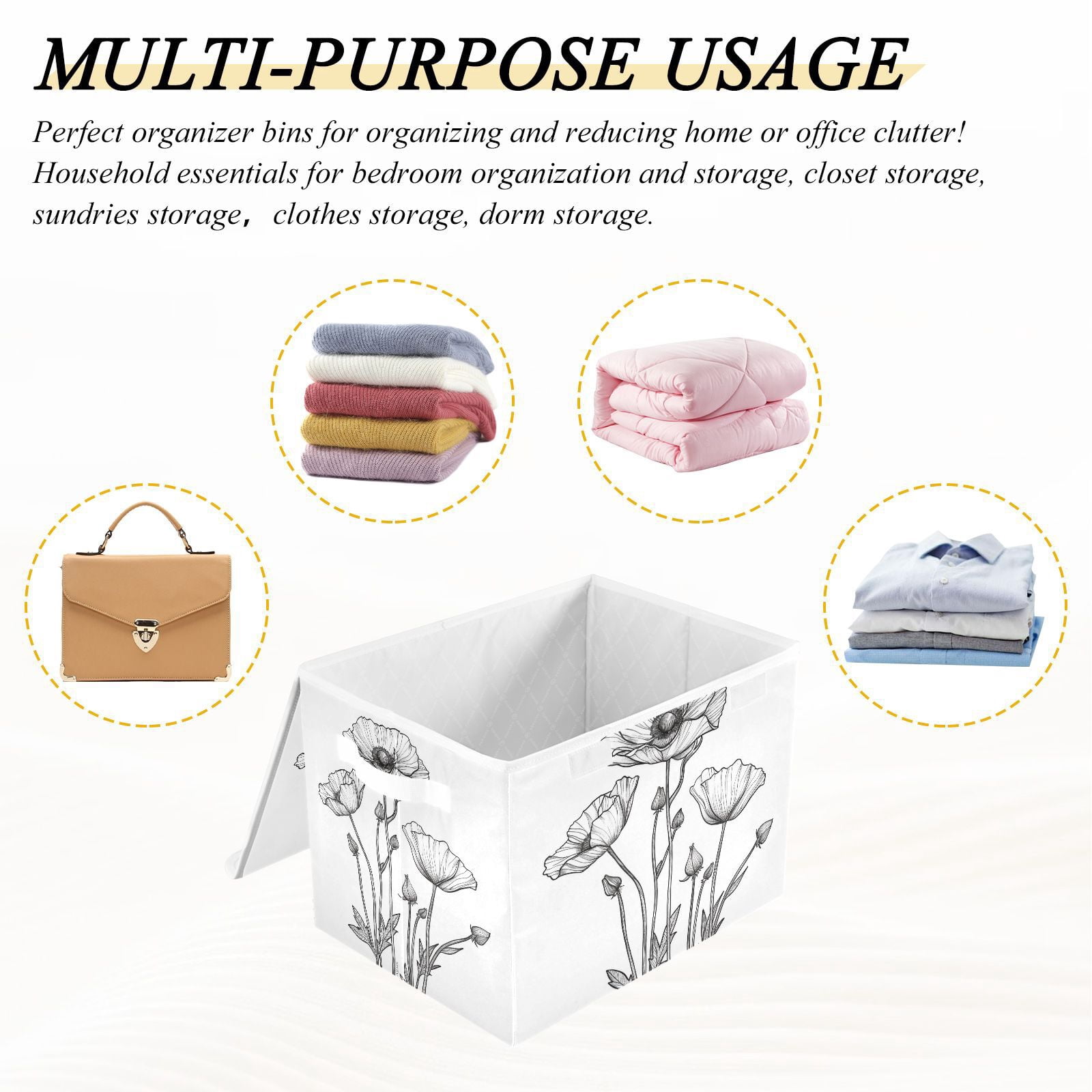 Black Line Flowers Storage Basket for Shelves Foldable Container Organizer for Organizing Toys Clothes Books with Handles