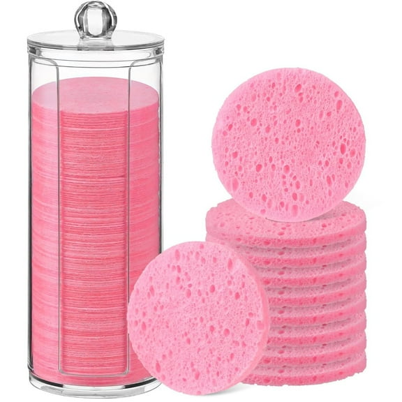 120-Pack Compressed Facial Sponges, Disposable Soft Round Pads with Travel Container for Makeup Removal, Cleansing & Exfoliating, Gentle for All Skin Types (Pink)