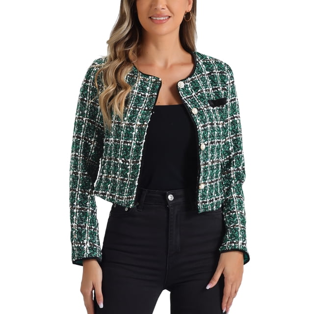 INSPIRE CHIC Women's Costume Round Neck Button Front Closure Long Sleeve Tweed Jacket S Green Black
