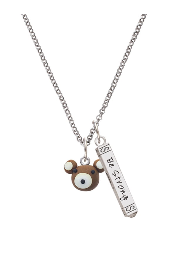 Fimo Clay Teddy Bear Silvertone Be Strong and Courageous Bar Charm Necklace, 23"