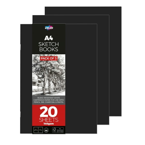 Zieler® A4 Soft Cover Sketchbook, 140gsm, 20 Sheets, Pack of 3