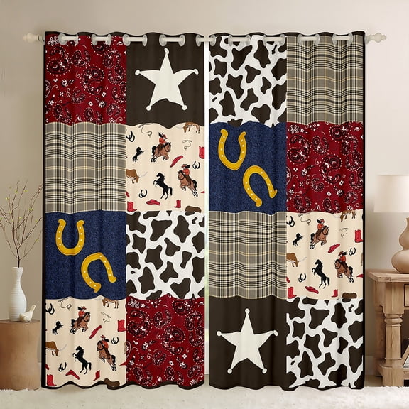 Castle Fairy Western Cowboy Blackout Curtains Set of 2 (52x84 Each) for Boys Girls,Geometric Plaid Window Curtains,Texas Star Horseshoe Curtains and Drapes,Lightweight Room Decor