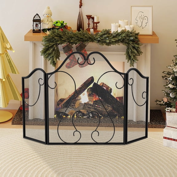 GETHFS 3-Panel Foldable Fireplace Screen, Freestanding Arched Fire Guard with Decorative Scrollwork for Indoor Fireplace & Fire Pit, Black Metal Mesh Spark Screen, 40"W x 24"H