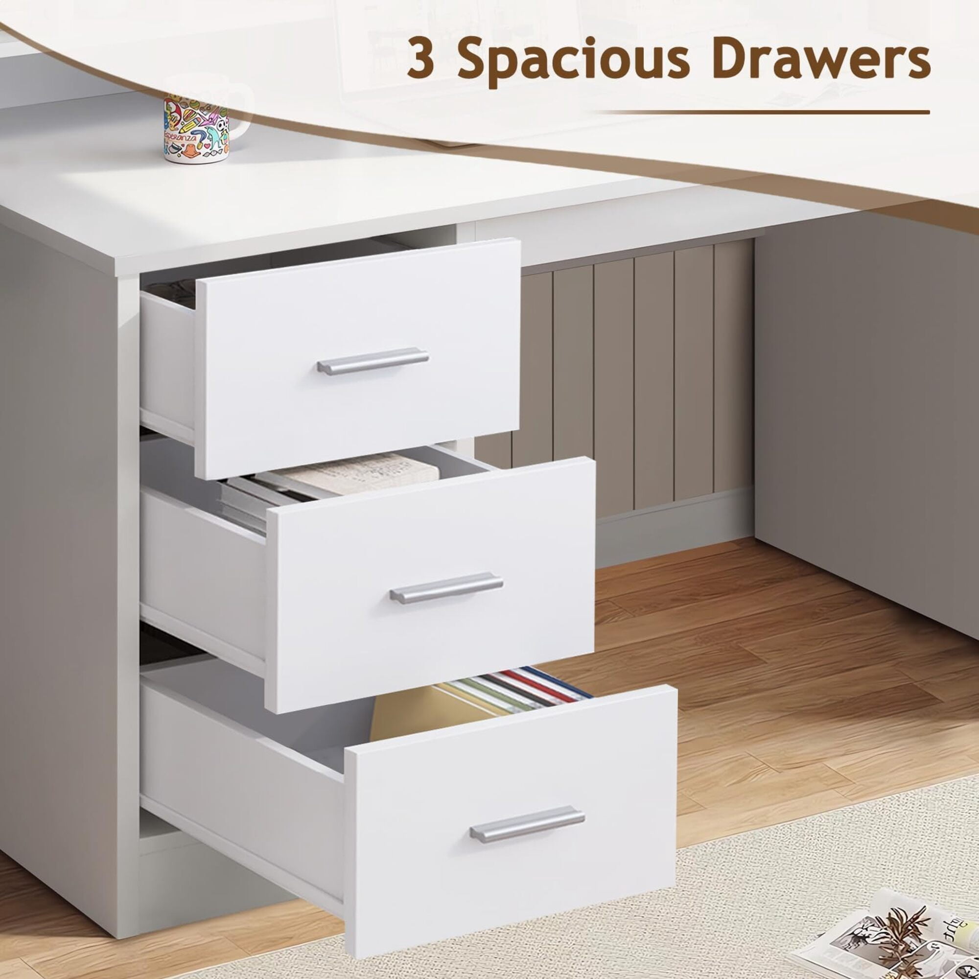 46-Inch Home Office Desk with Hutch & 3 Storage Drawers, White Finish, Small Space Writing Study Table for Home Office/Study Room