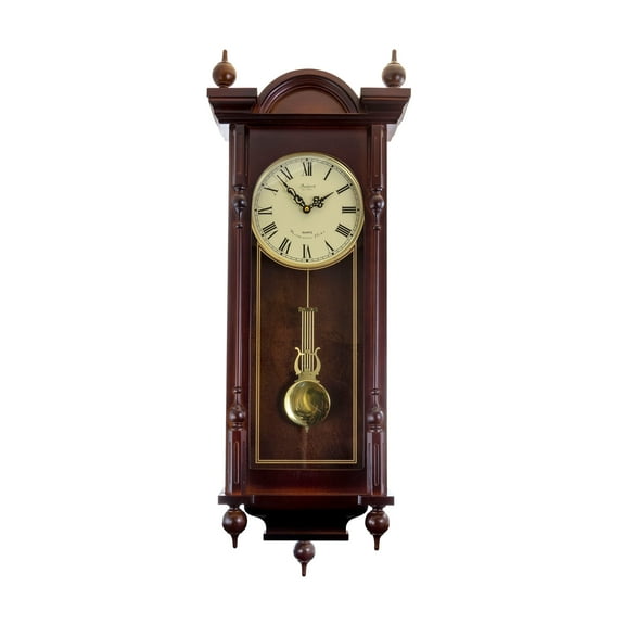 Bedford Clock Collection 31" Antique Mahogany Cherry Oak Chiming Wall Clock with Roman Numerals