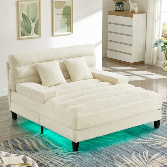 63" Oversized Chaise Lounge Indoor, Chenille Upholstered Boneless Sofa Bed with Adjustable Backrest and LED Light Strip, Deep Seat Sleeper Couch for Living Room, Beige