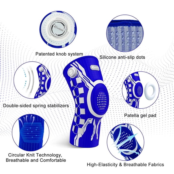 Kuangmi Professional Knob Adjustment Knee Brace – Sports Knee Support with Side Stabilizers & Patella Gel Pad for Men & Women, Ideal for Basketball, Running, Weightlifting Blue White Single Right XXL