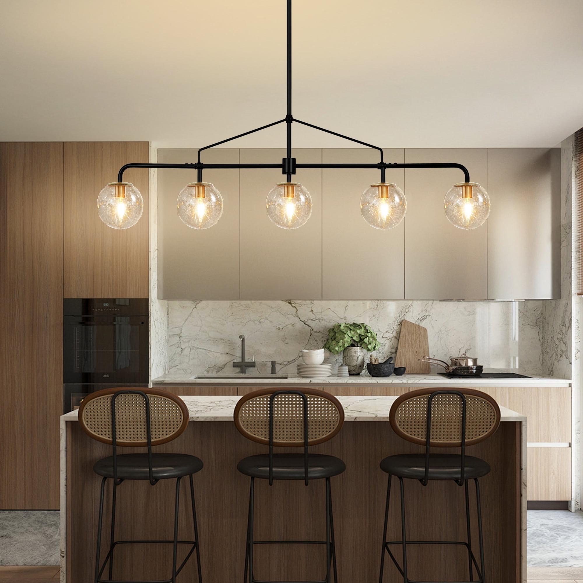 Auffel Dining Room Light Fixtures over Table 39 Inch Linear Chandeliers for Dining Room,Balck and Gold 5-Light Pendant Lights Kitchen Island,Seeded Glass Globe Lampshade