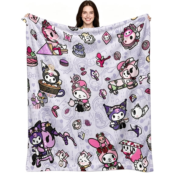 Purple‑Pink Anime‑Character Flannel Throw Blanket, Kawaii Sweet Aesthetic, Soft Cozy Warm, Napping‑Ready Decor for Sofa, Bed, Office, Living Room