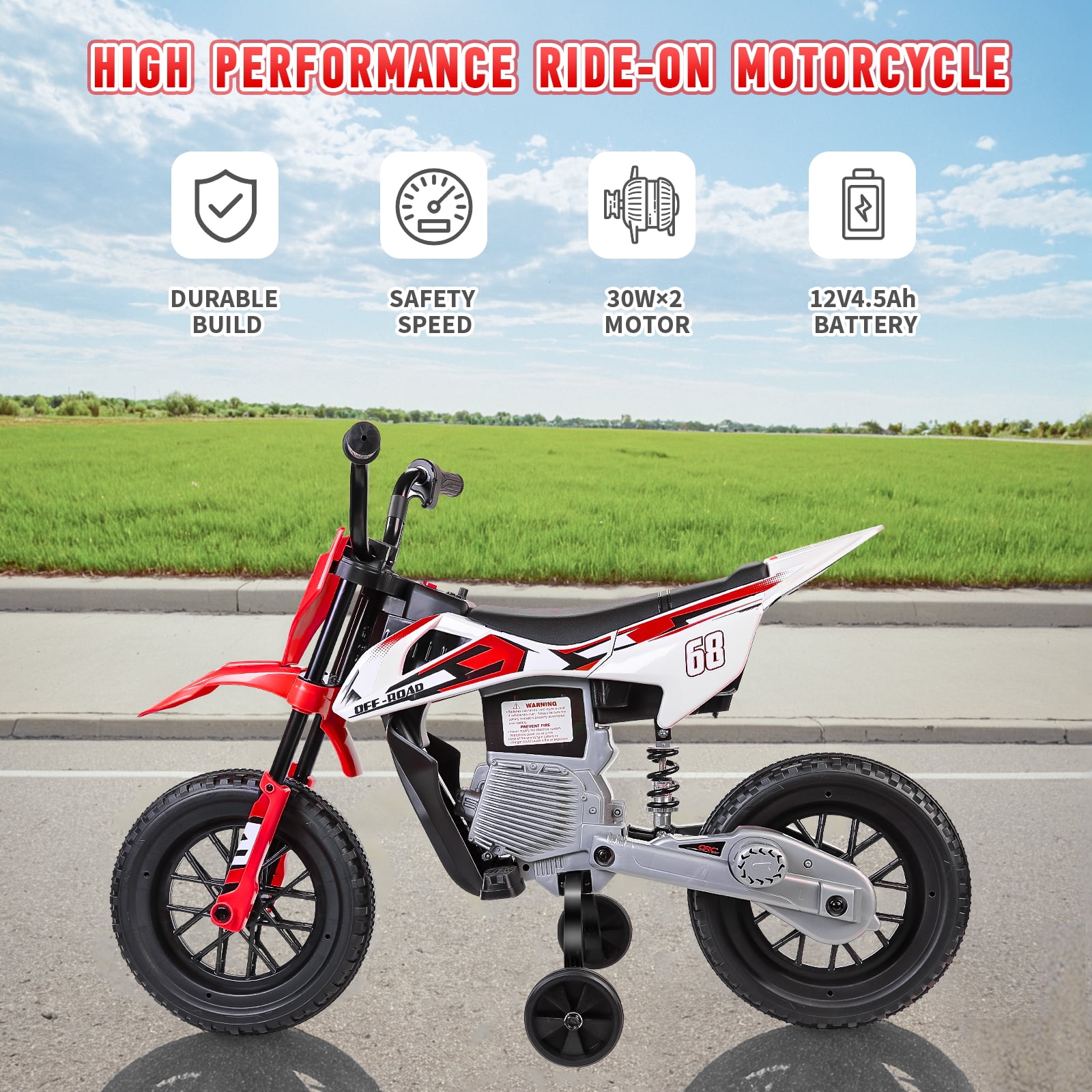 Farmdex 12V Ride on Motorcycle for Kids, Electric Dirt Bike with 2 Training Wheels, Electric Motorcycle with Twist Grip Throttle, Built-in Music, 30W*2 Motors, Red