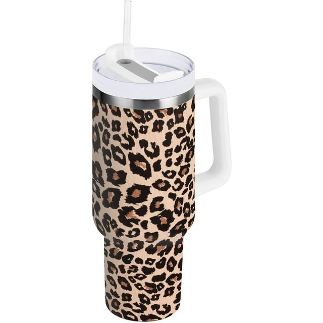 Gobelet de 30 oz avec Poignée, Couvercle et Paille, Gobelet d'Eau Isolé, Tasse d'Eau en Acier Inoxydable, Tasse Bouteille Réutilisable, Compatible avec Porte-Gobelet, Imprimé Léopard, Brun