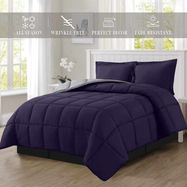 Mocassi - NEW - 3-Piece Reversible Comforter Set - King/California King - All Season Box-Stitched Down Alternative, Purple/Gray