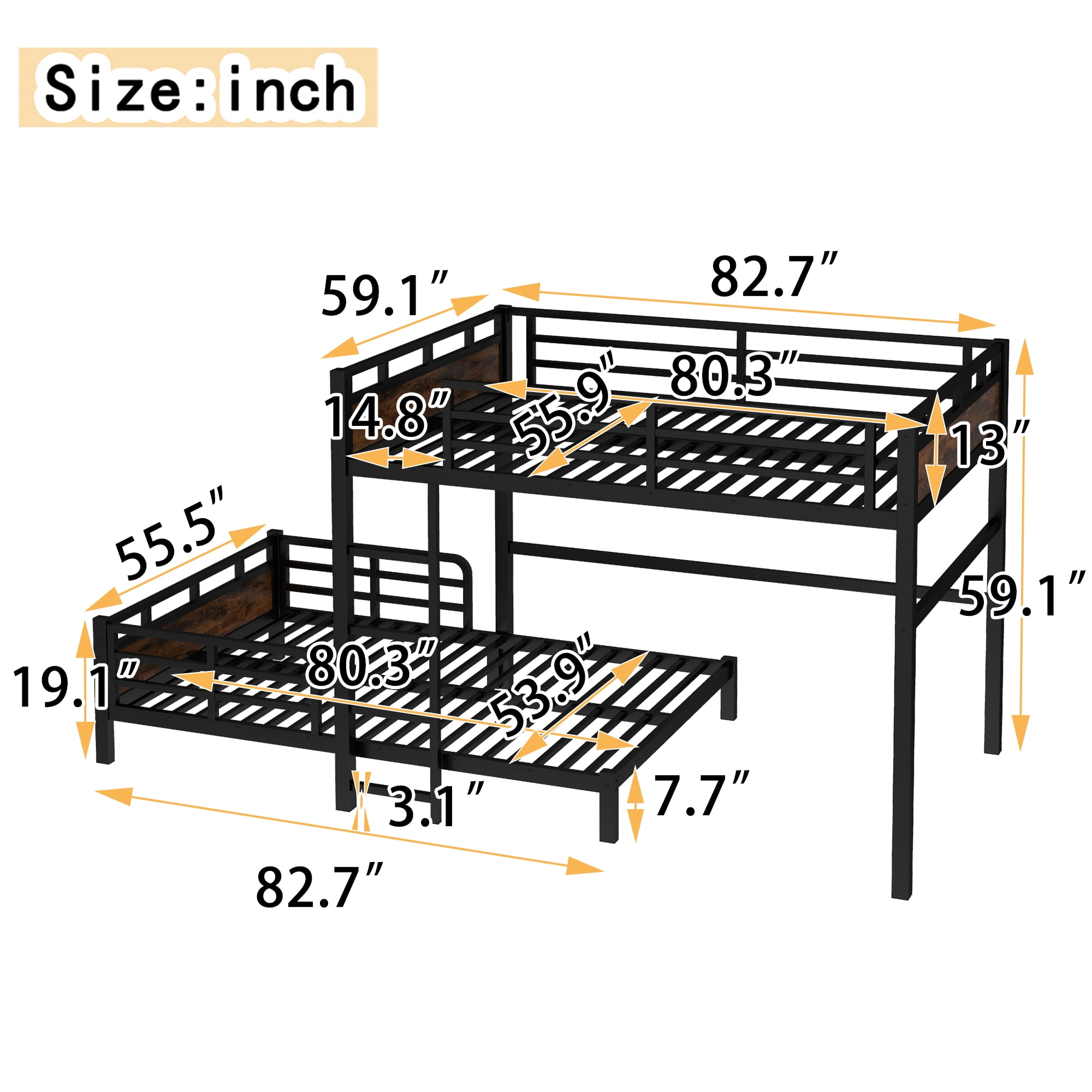 Leumius Full XL over Full XL Metal Bunk Bed,Metal Loft Bed and Metal Platform Beds with Ladder & Safety Guardrail,Black