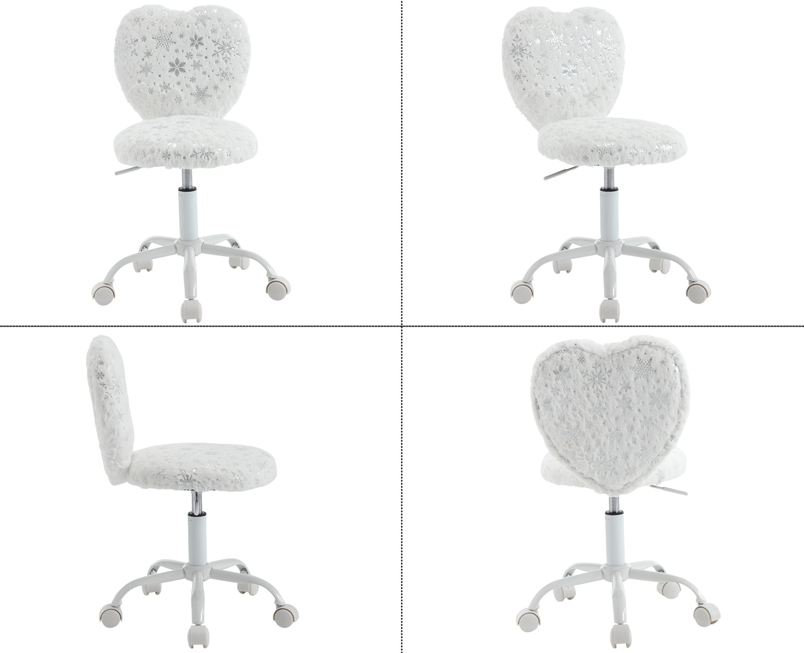 Guyou Cute Fuzzy Kids Chair, Faux Fur Rolling Swivel Children Desk Chair, Adjustable Student Task Chair Vanity Chair with Heart Shaped Back for Bedroom Study Room Kids Room , Snowflake White